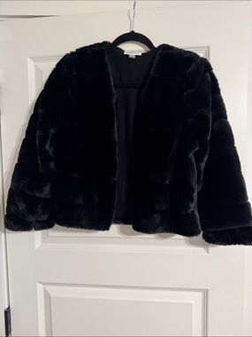 Calvin Klein Black Faux Fur Teddy Jacket - Women's Short Open Front Coat